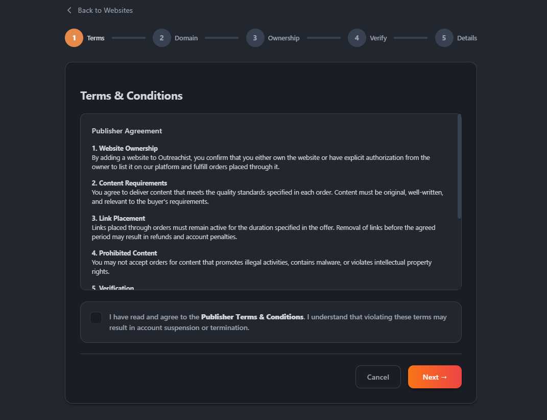 Publisher terms agreement page